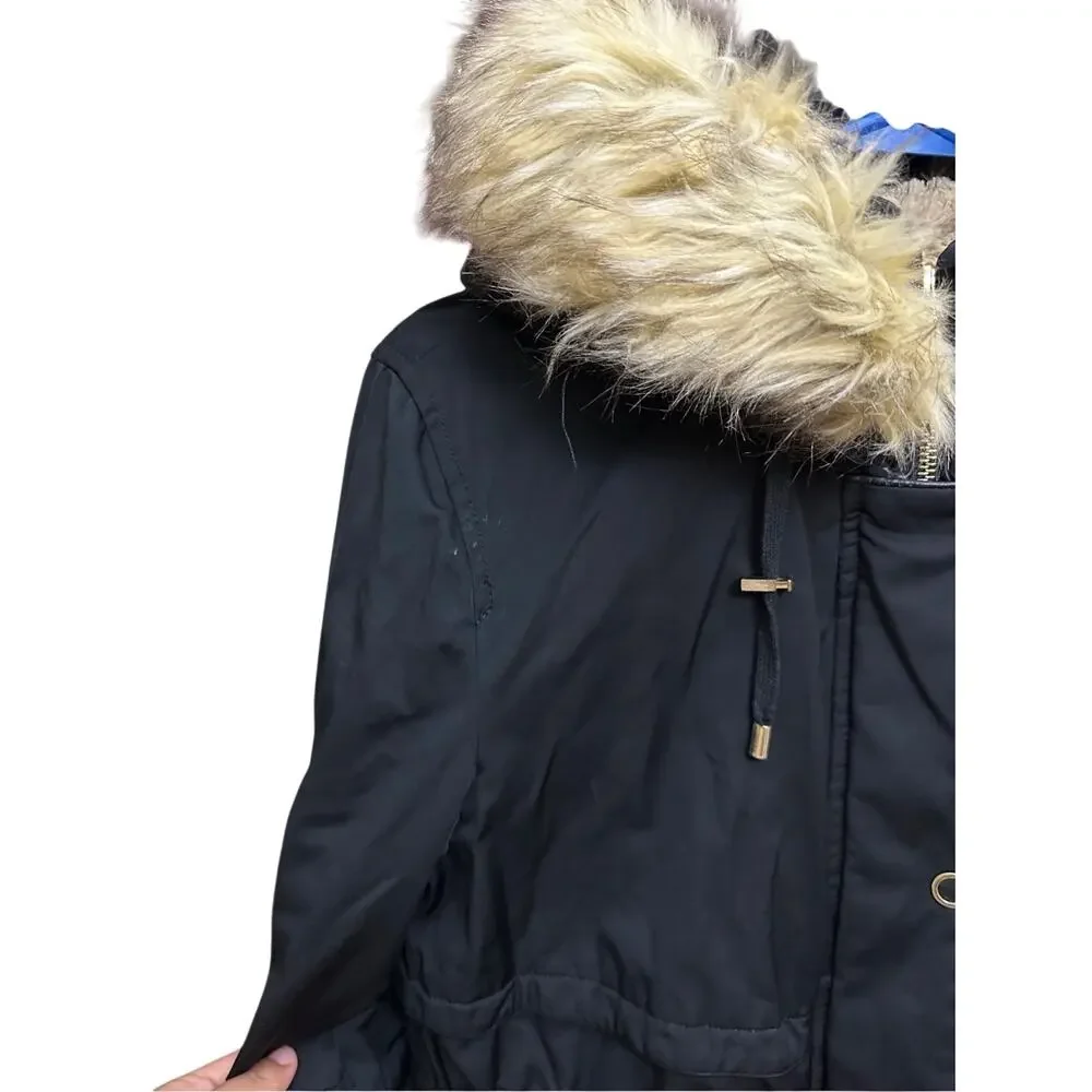 Zara Trafaluc Parka‎ Coat Black Faux Fur Size Small 3427/225/800 Winter